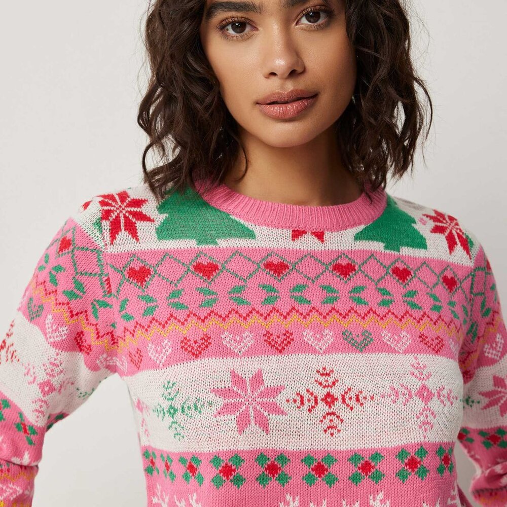 Ardene Christmas Xmas Ugly Pink fair isle Sweater S SM SMall